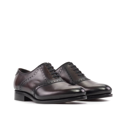 Saddle Shoe in Burnished Dark Brown Box Calf, front three-quarter view