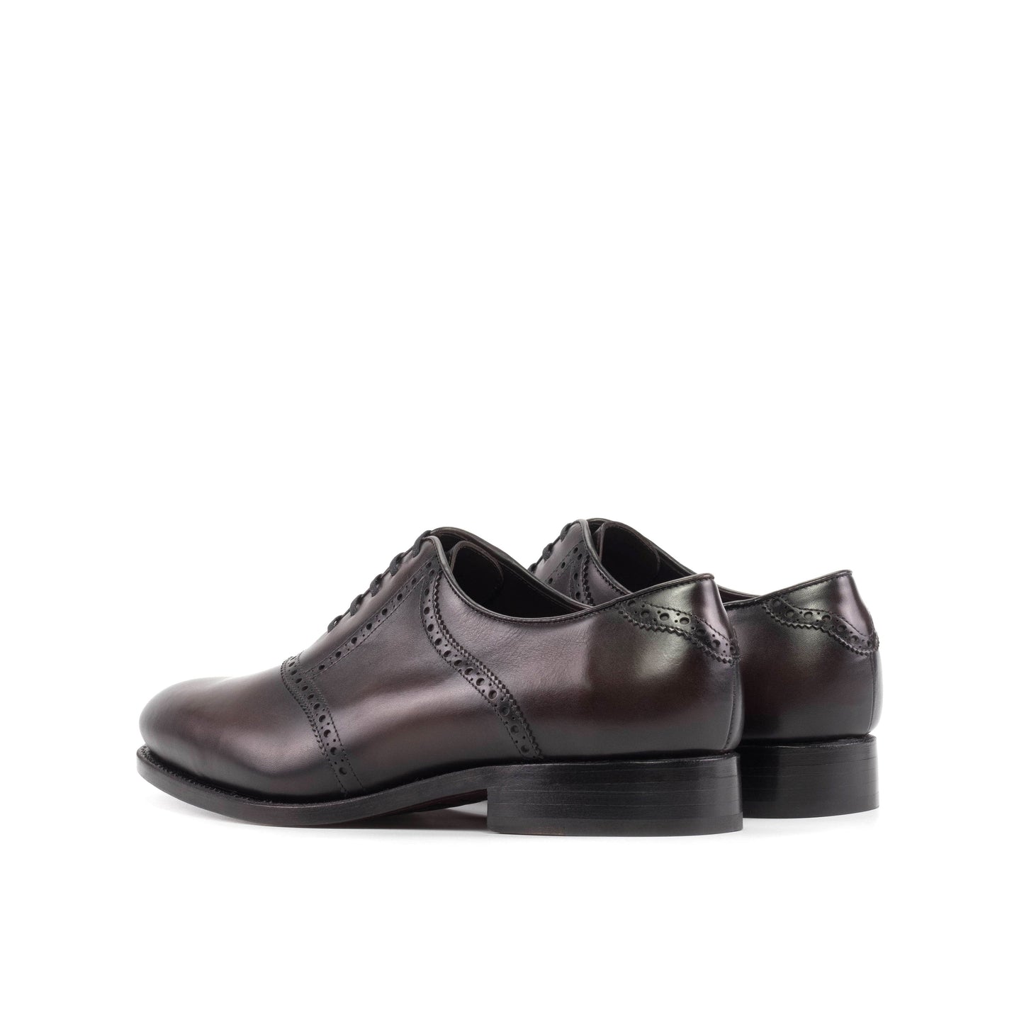Saddle Shoe in Burnished Dark Brown Box Calf, rear three-quarter view