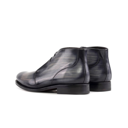 Grey patina box calf Chukka boots, rear three-quarter view