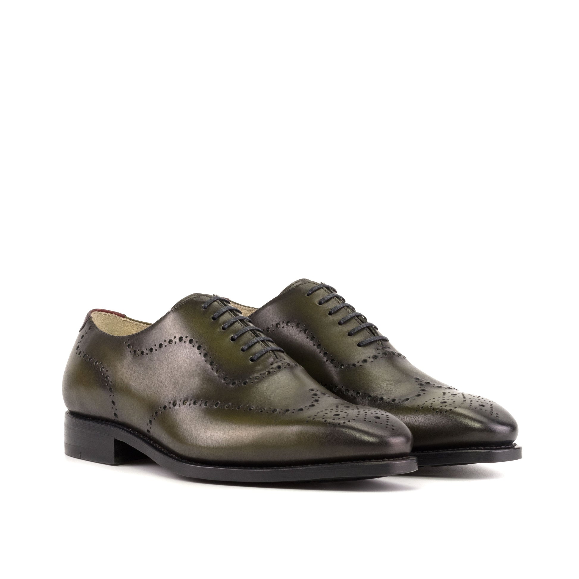 Wholecut Oxford in Burnished Olive Painted Box Calf and Burnished Burgundy Box Calf, front three-quarter view