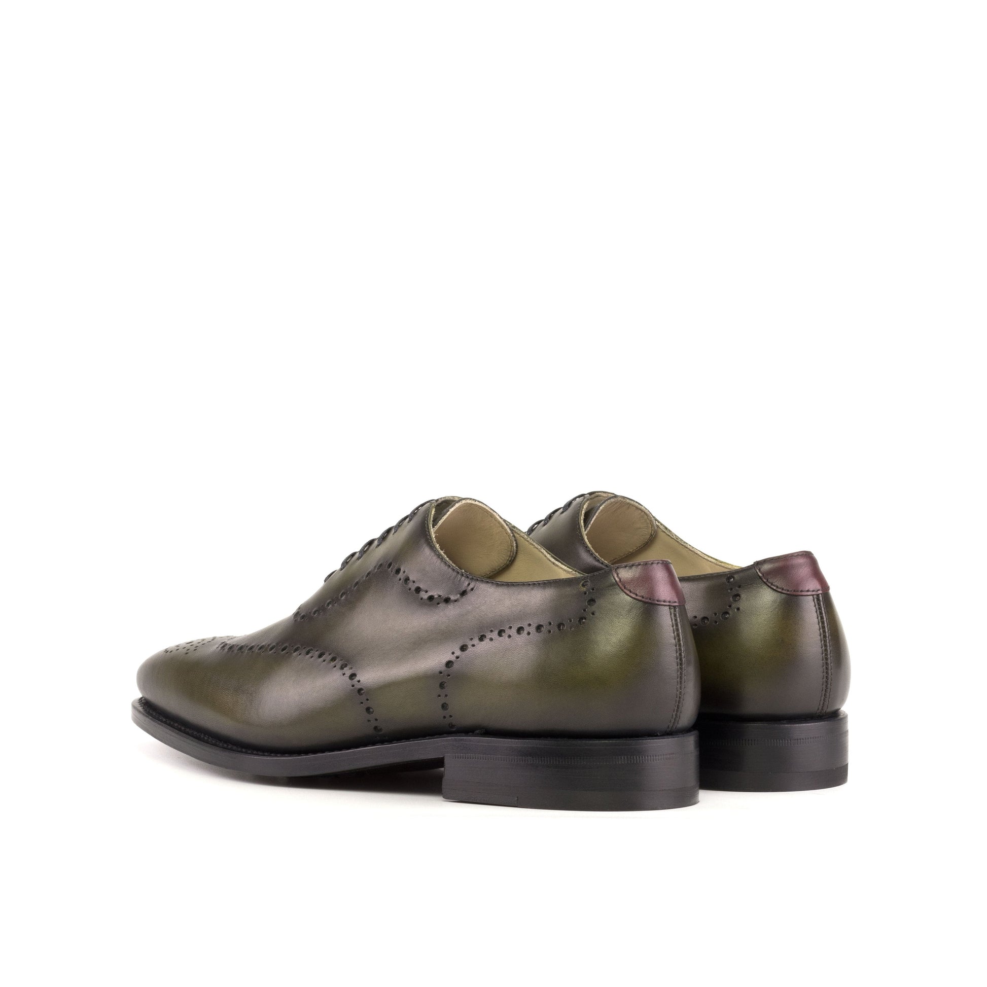 Wholecut Oxford in Burnished Olive Painted Box Calf and Burnished Burgundy Box Calf, rear three-quarter view