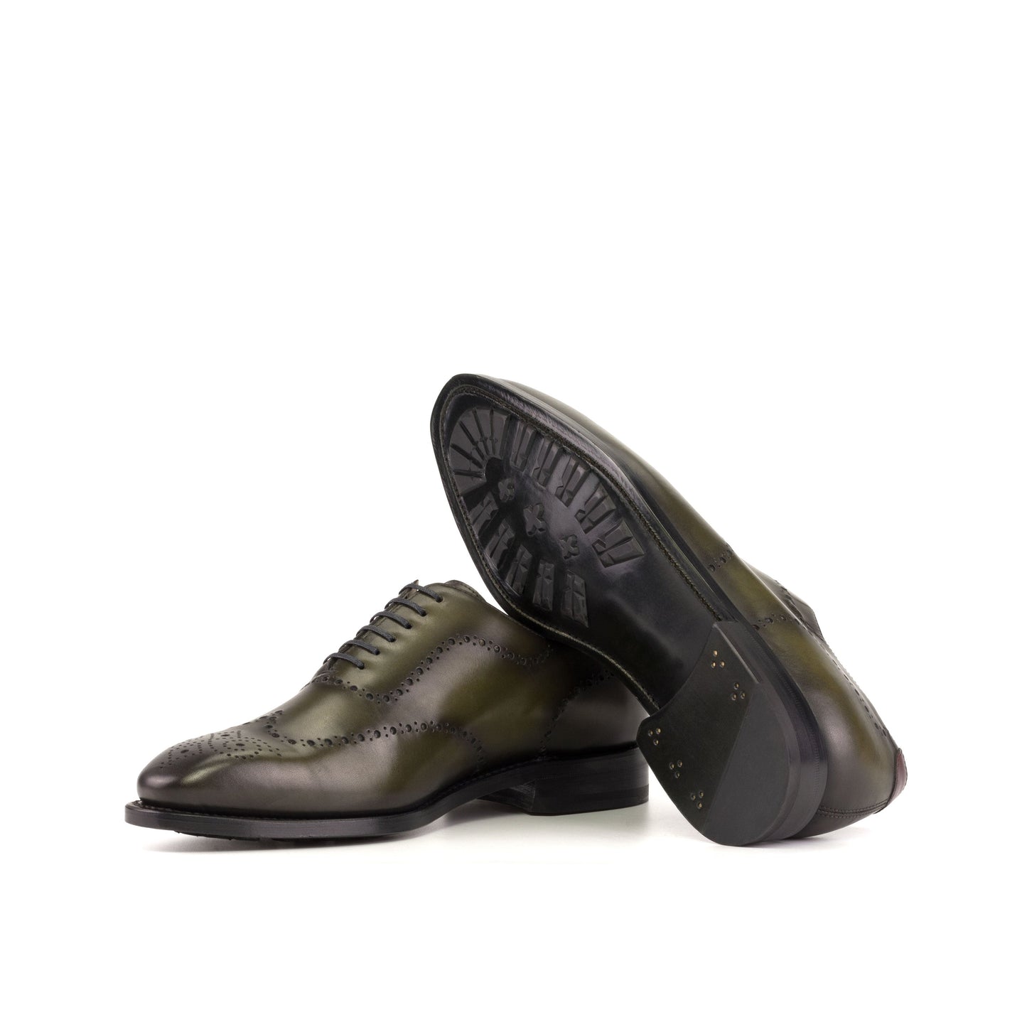 Wholecut Oxford in Burnished Olive Painted Box Calf and Burnished Burgundy Box Calf showing forest green leather sole with mountain rubber injections