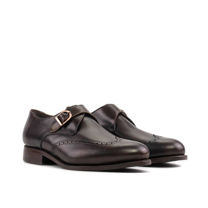 Single Monk Strap in Black Herringbone Fabric and Dark Brown Painted Box Calf, front three-quarter view