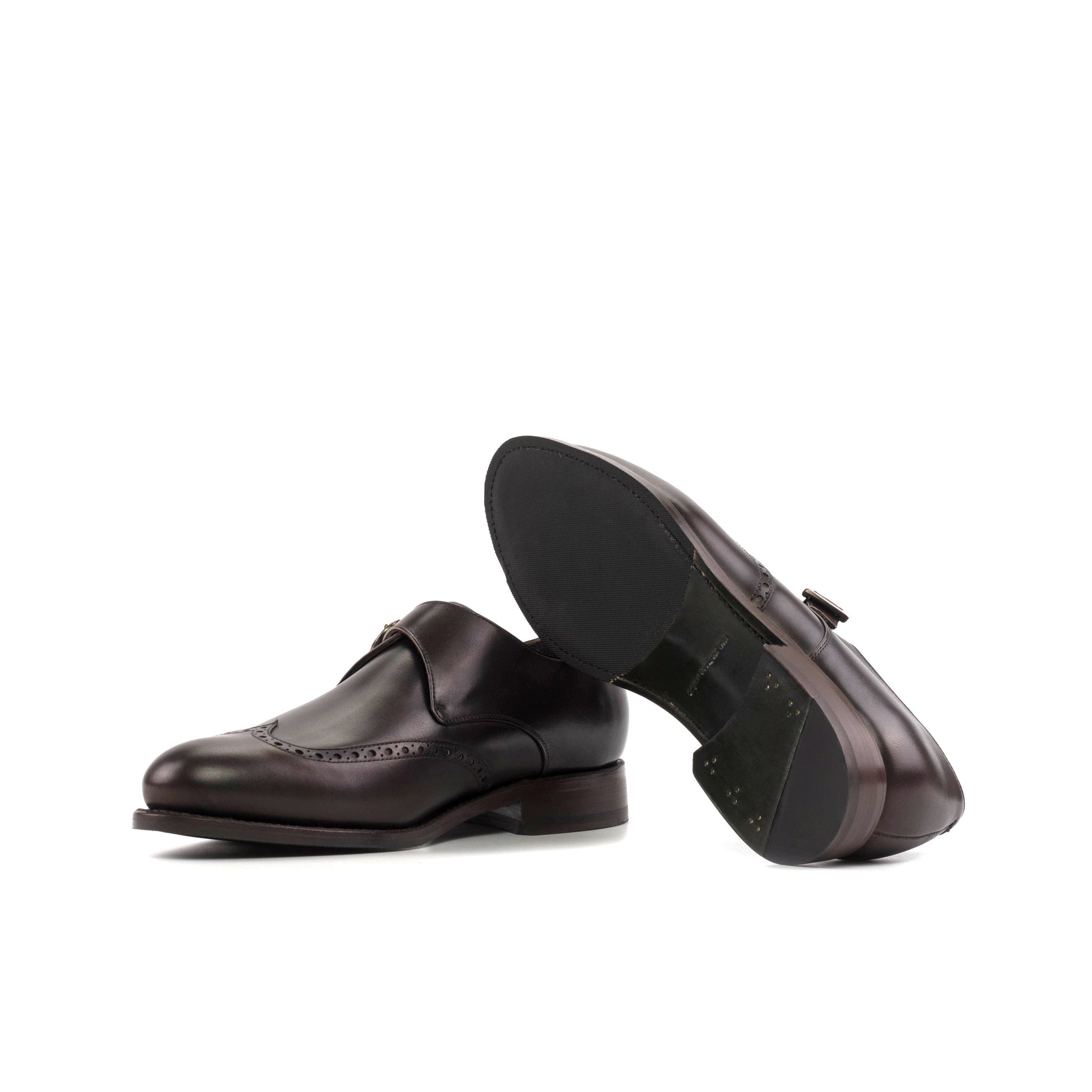 Single Monk Strap in Black Herringbone Fabric and Dark Brown Painted Box Calf showing forest green leather and rubber combination sole