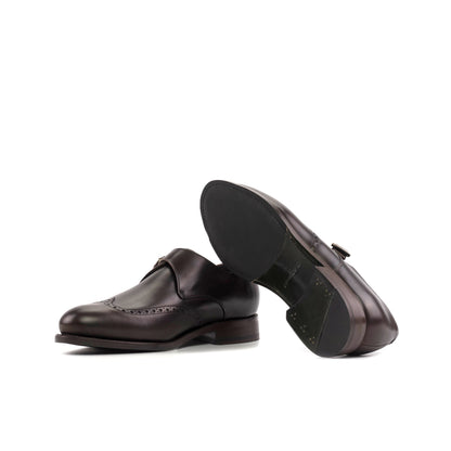 Single Monk Strap in Black Herringbone Fabric and Dark Brown Painted Box Calf showing forest green leather and rubber combination sole