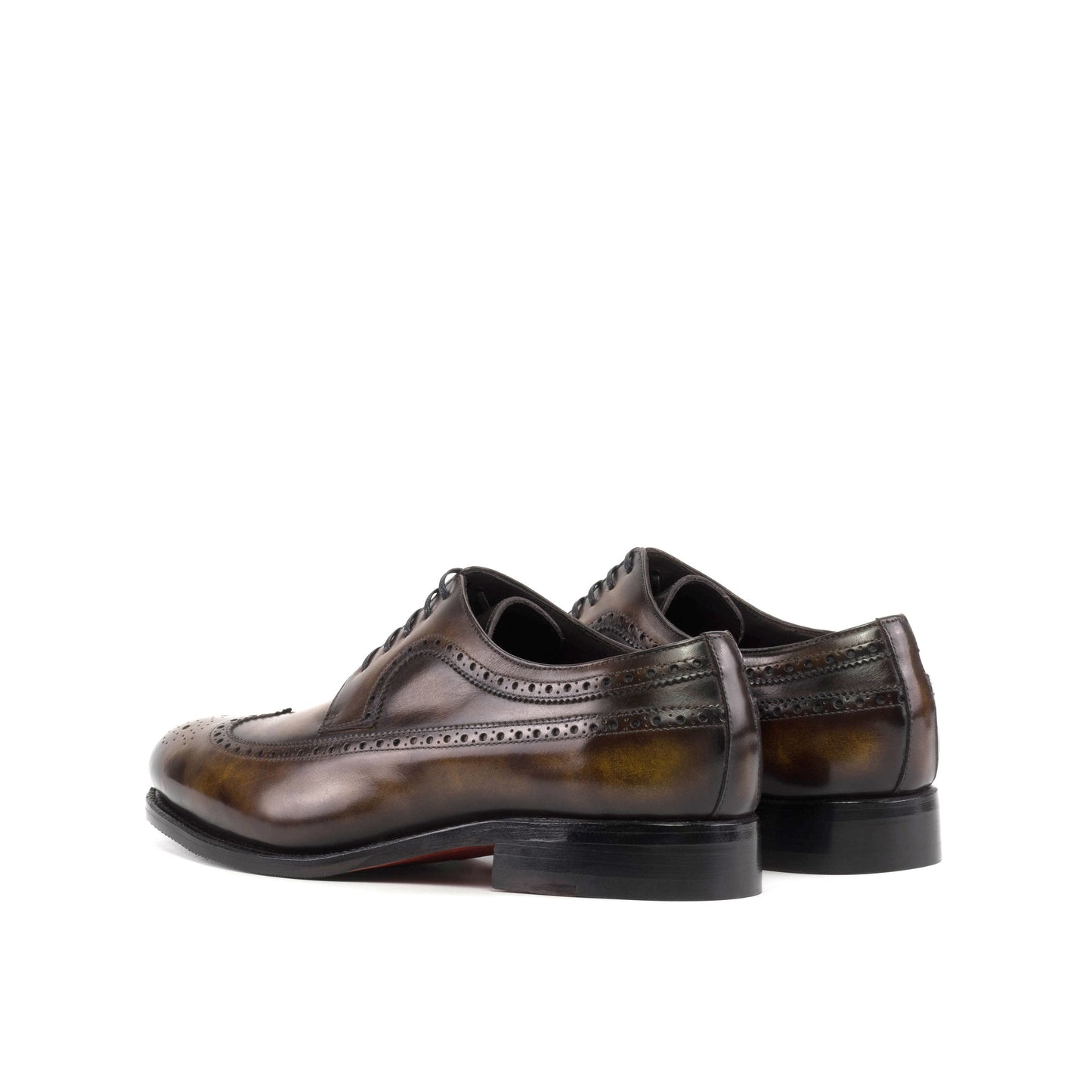 Long Wingtip Derby in Tobacco Museum Patina Box Calf, rear three-quarter view
