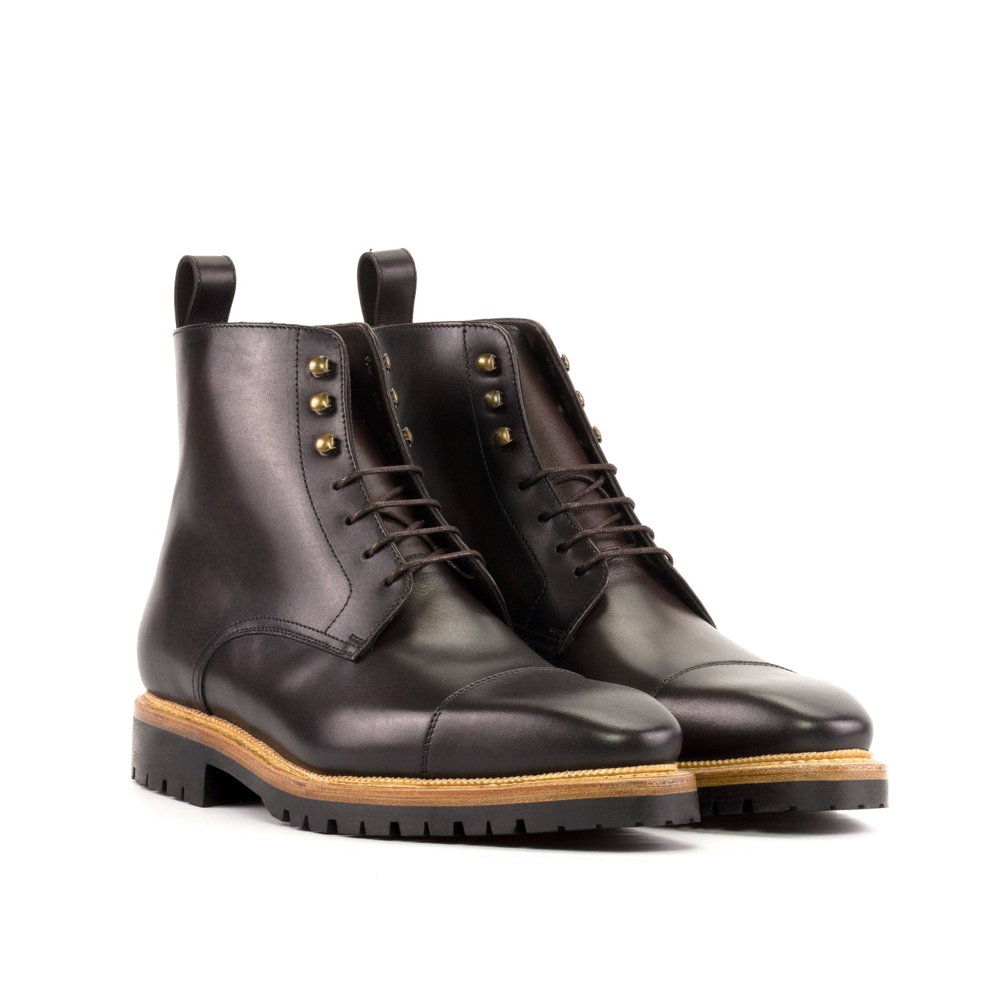 Jumper Boot in Burnished Dark Brown Painted Box Calf and Burnished Dark Brown Box Calf, front three-quarter view