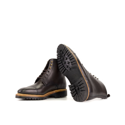 Jumper Boot in Burnished Dark Brown Painted Box Calf and Burnished Dark Brown Box Calf showing black commando rubber sole