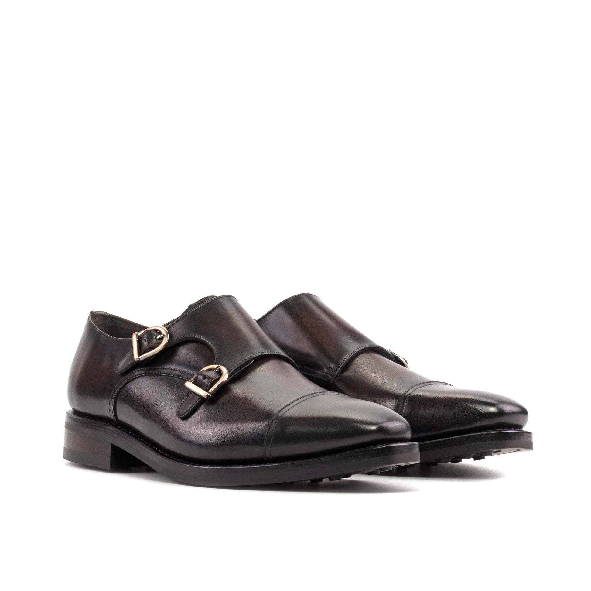 Double Monk Strap in Burnished Dark Brown Box Calf, front three-quarter view