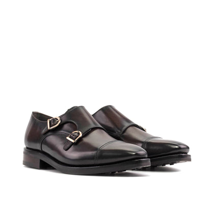 Double Monk Strap in Burnished Dark Brown Box Calf, front three-quarter view