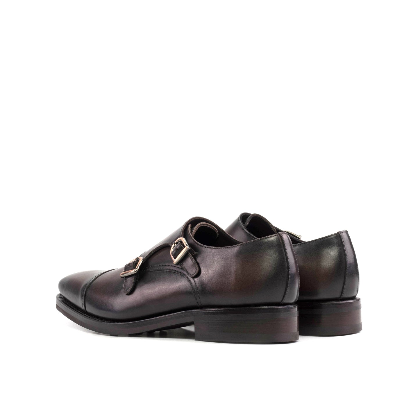 Double Monk Strap in Burnished Dark Brown Box Calf, rear three-quarter view