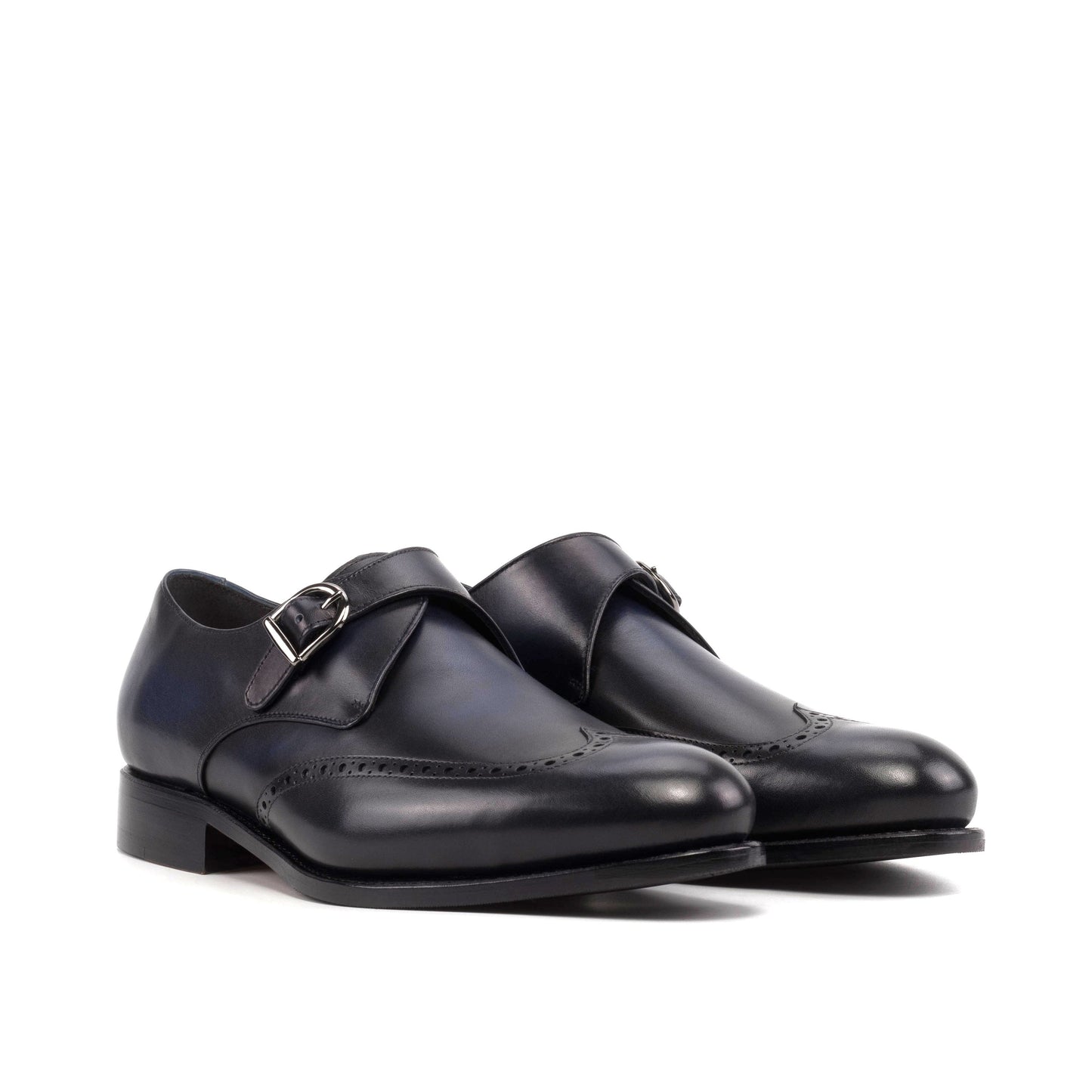 Single Monk Strap in Black Herringbone Fabric and Burnished Navy Box Calf, front three-quarter view