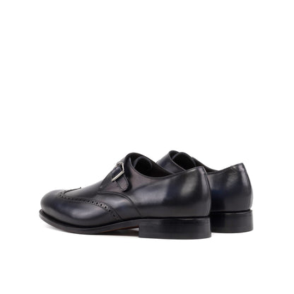 Single Monk Strap in Black Herringbone Fabric and Burnished Navy Box Calf, rear three-quarter view
