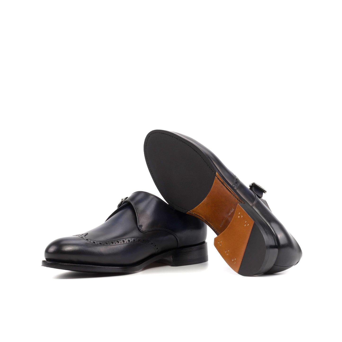 Single Monk Strap in Black Herringbone Fabric and Burnished Navy Box Calf showing cognac leather and rubber combination sole
