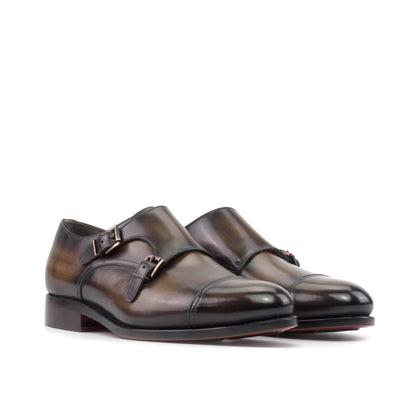 Double Monk Strap in Brown Patina Box Calf, front three-quarter view