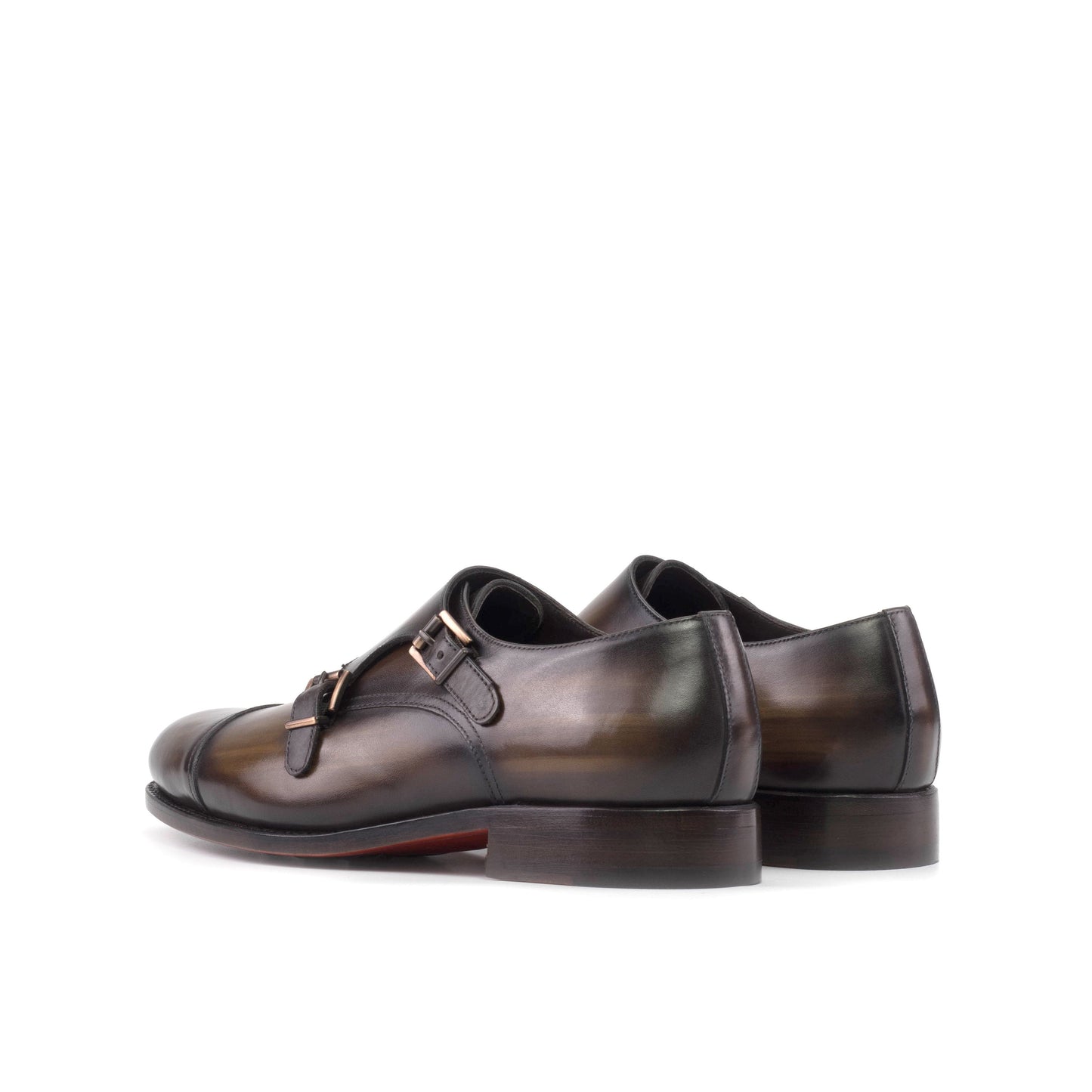 Double Monk Strap in Brown Patina Box Calf, rear three-quarter view