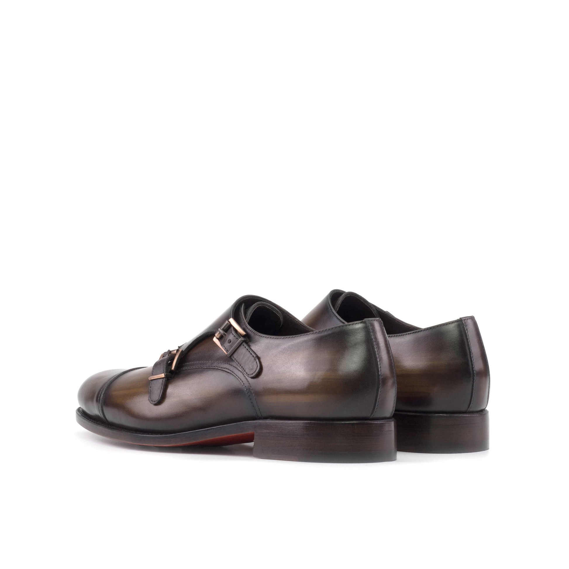 Double Monk Strap in Brown Patina Box Calf, rear three-quarter view