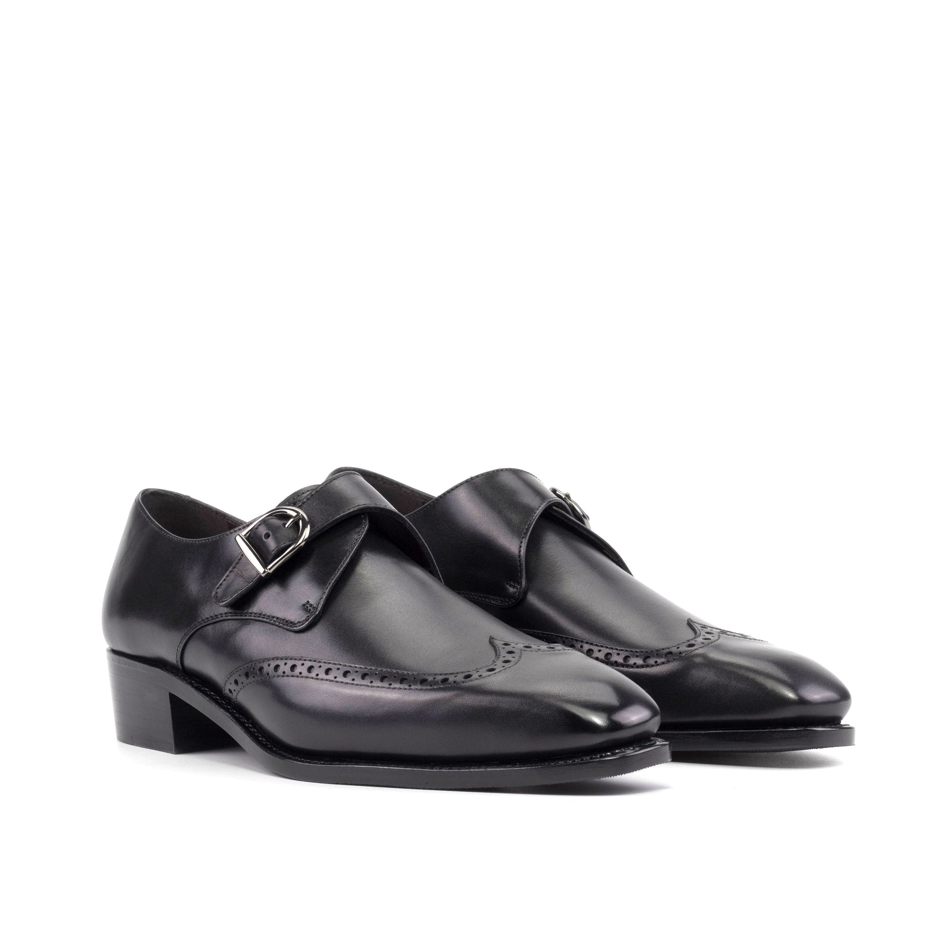 Single Monk Strap in Black Herringbone Fabric and Black Box Calf, front three-quarter view