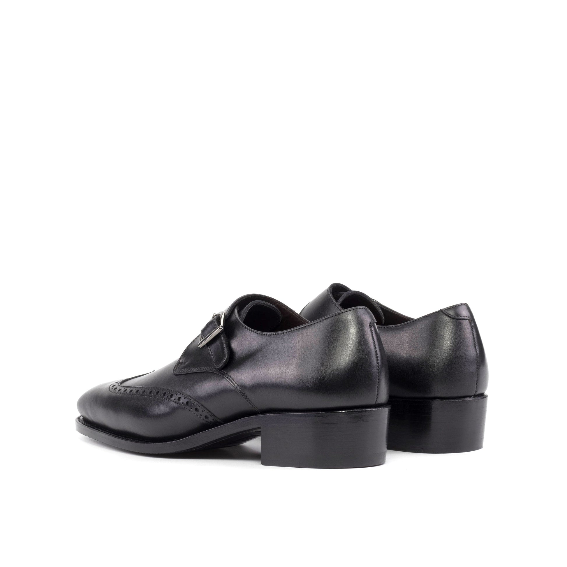 Single Monk Strap in Black Herringbone Fabric and Black Box Calf, rear three-quarter view