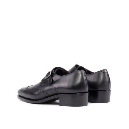 Single Monk Strap in Black Herringbone Fabric and Black Box Calf, rear three-quarter view
