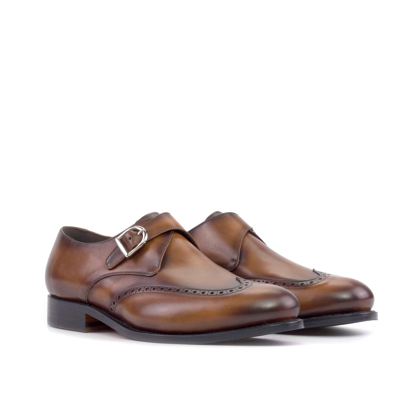 Single Monk Strap in Black Herringbone Fabric and Medium Brown Painted Box Calf, front three-quarter view