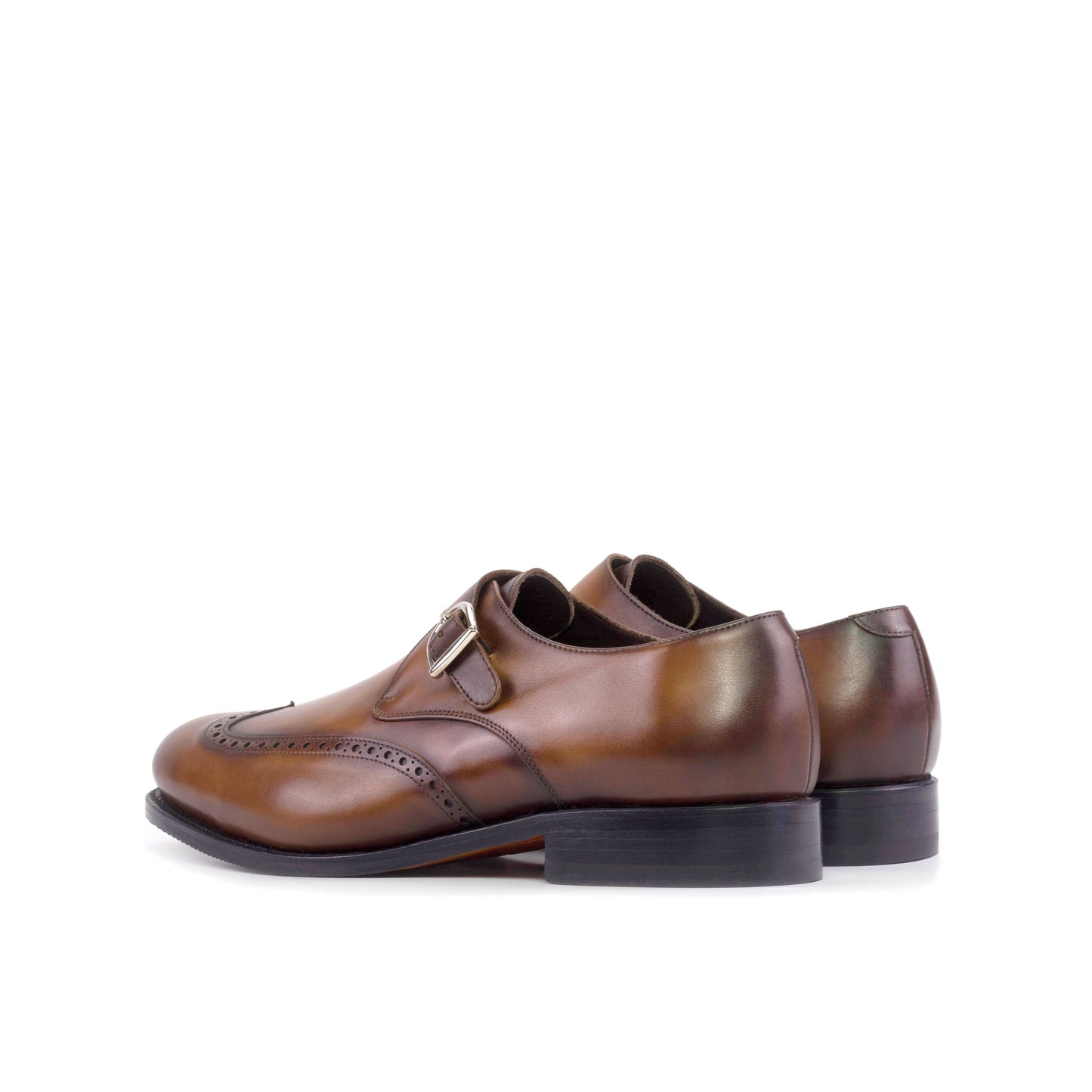 Single Monk Strap in Black Herringbone Fabric and Medium Brown Painted Box Calf, rear three-quarter view
