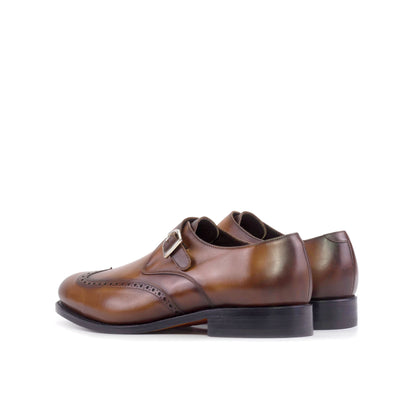 Single Monk Strap in Black Herringbone Fabric and Medium Brown Painted Box Calf, rear three-quarter view