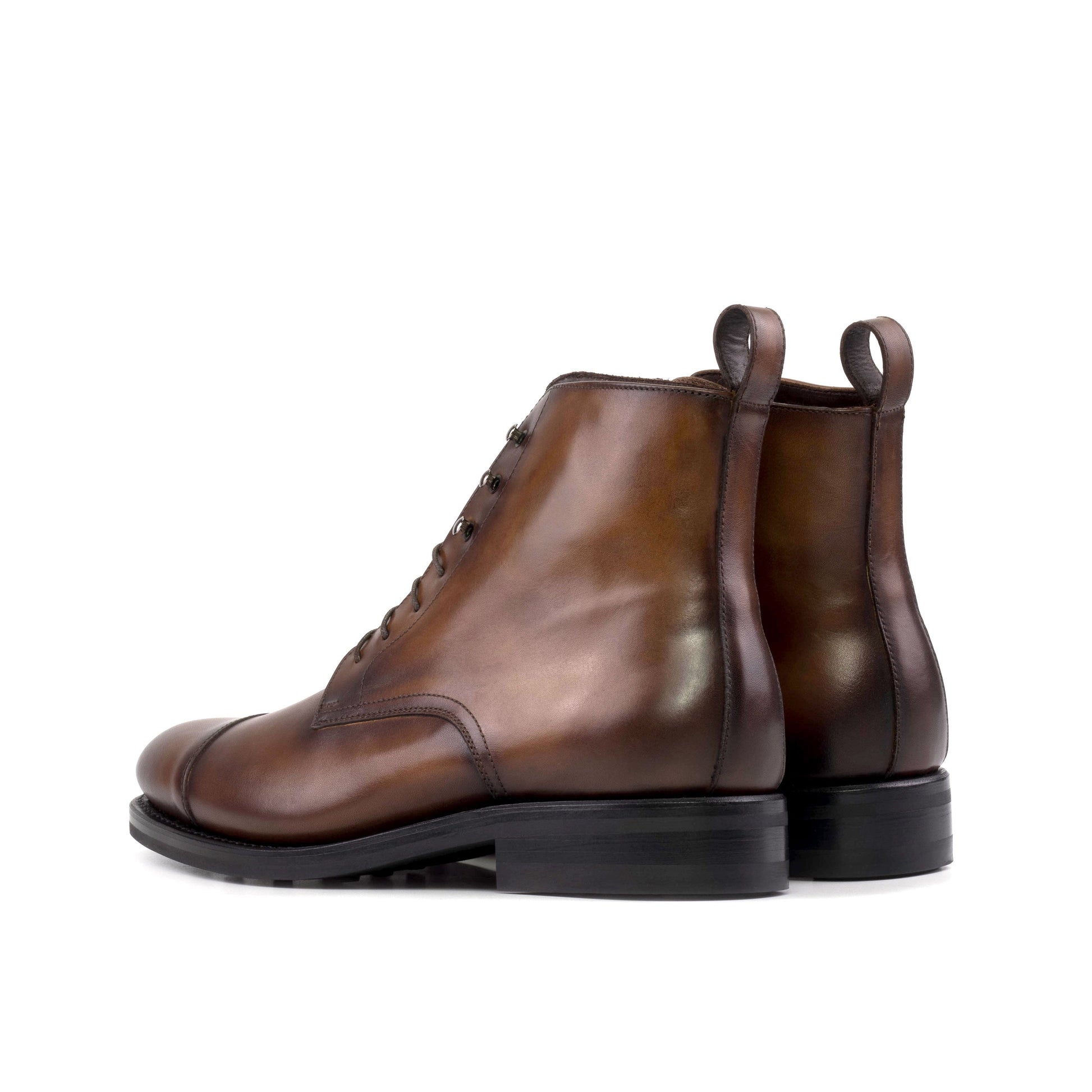 Jumper Boot in Medium Brown Painted Box Calf, rear three-quarter view