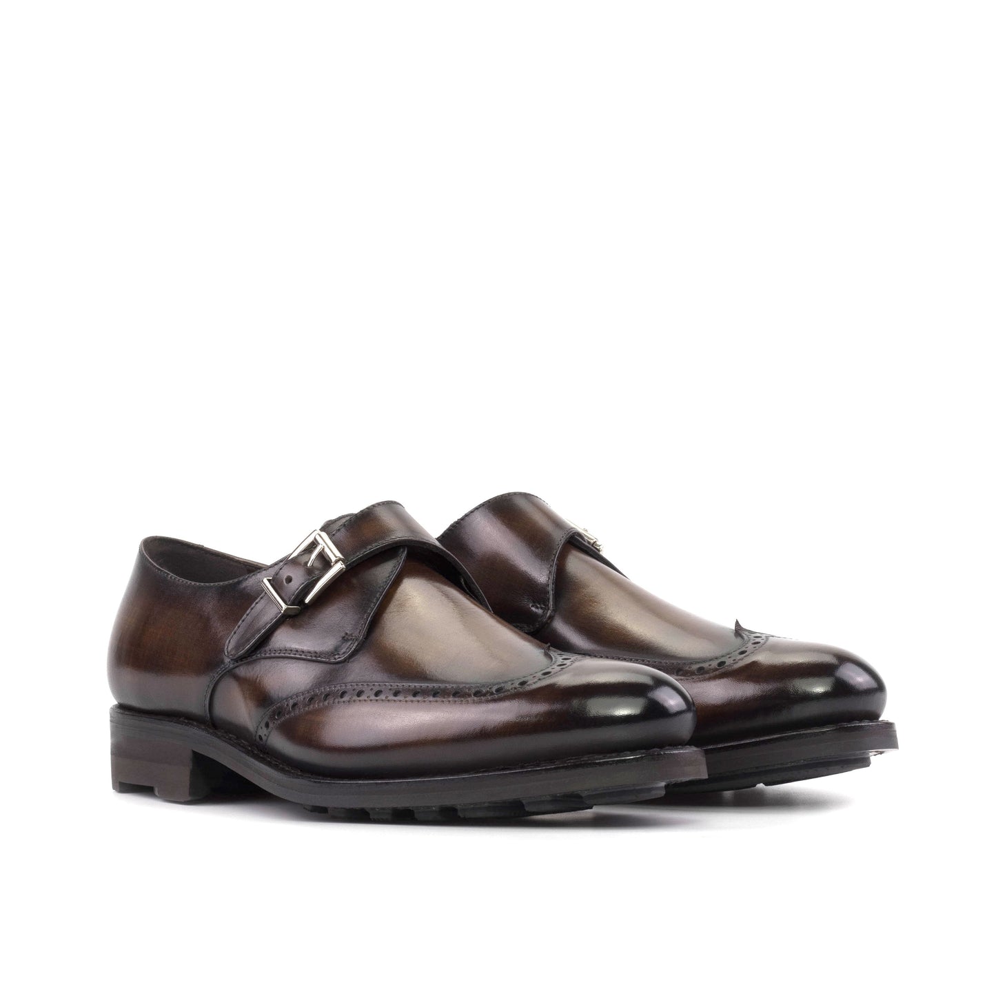 Single Monk Strap in Black Herringbone Fabric and Brown Patina Box Calf, front three-quarter view