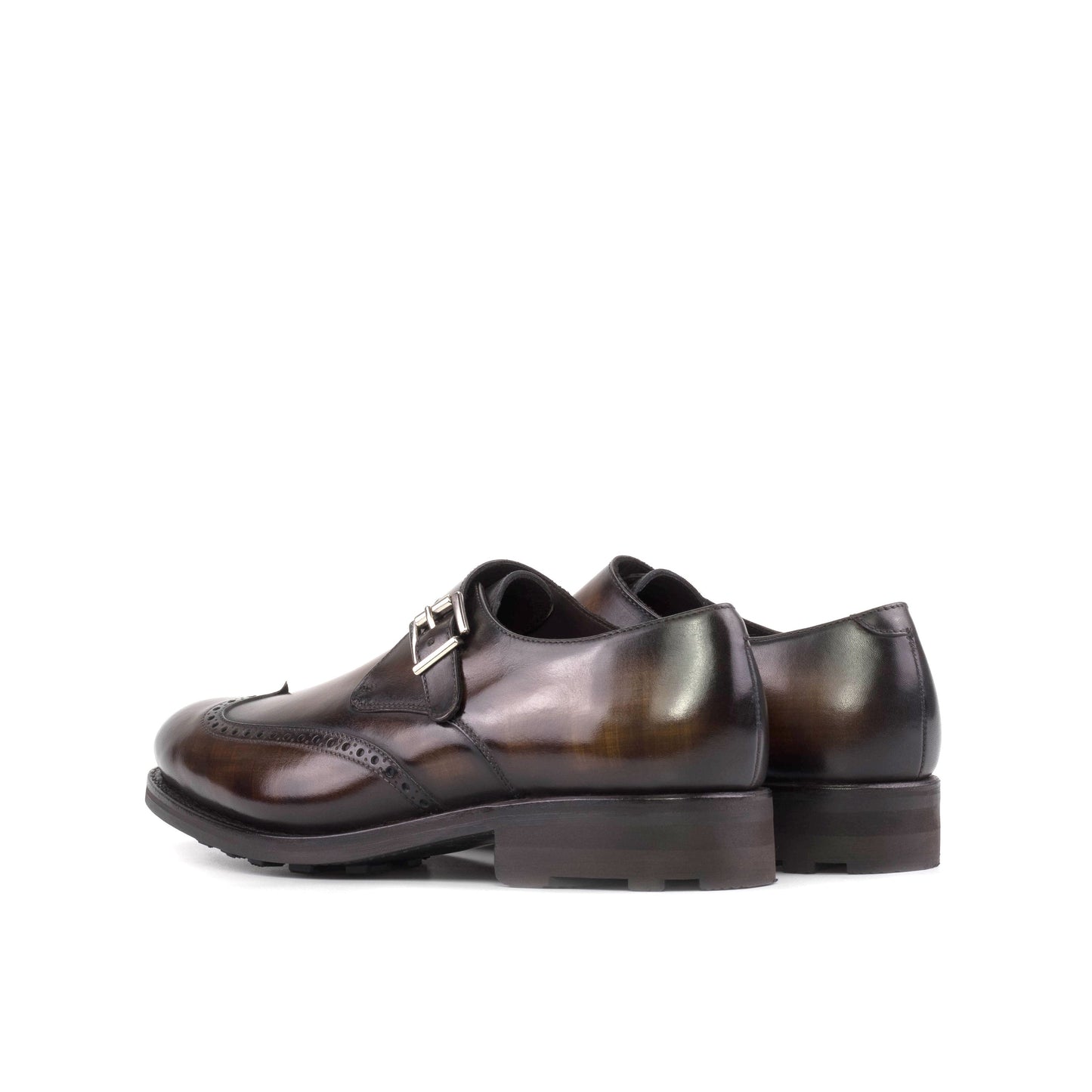 Single Monk Strap in Black Herringbone Fabric and Brown Patina Box Calf, rear three-quarter view