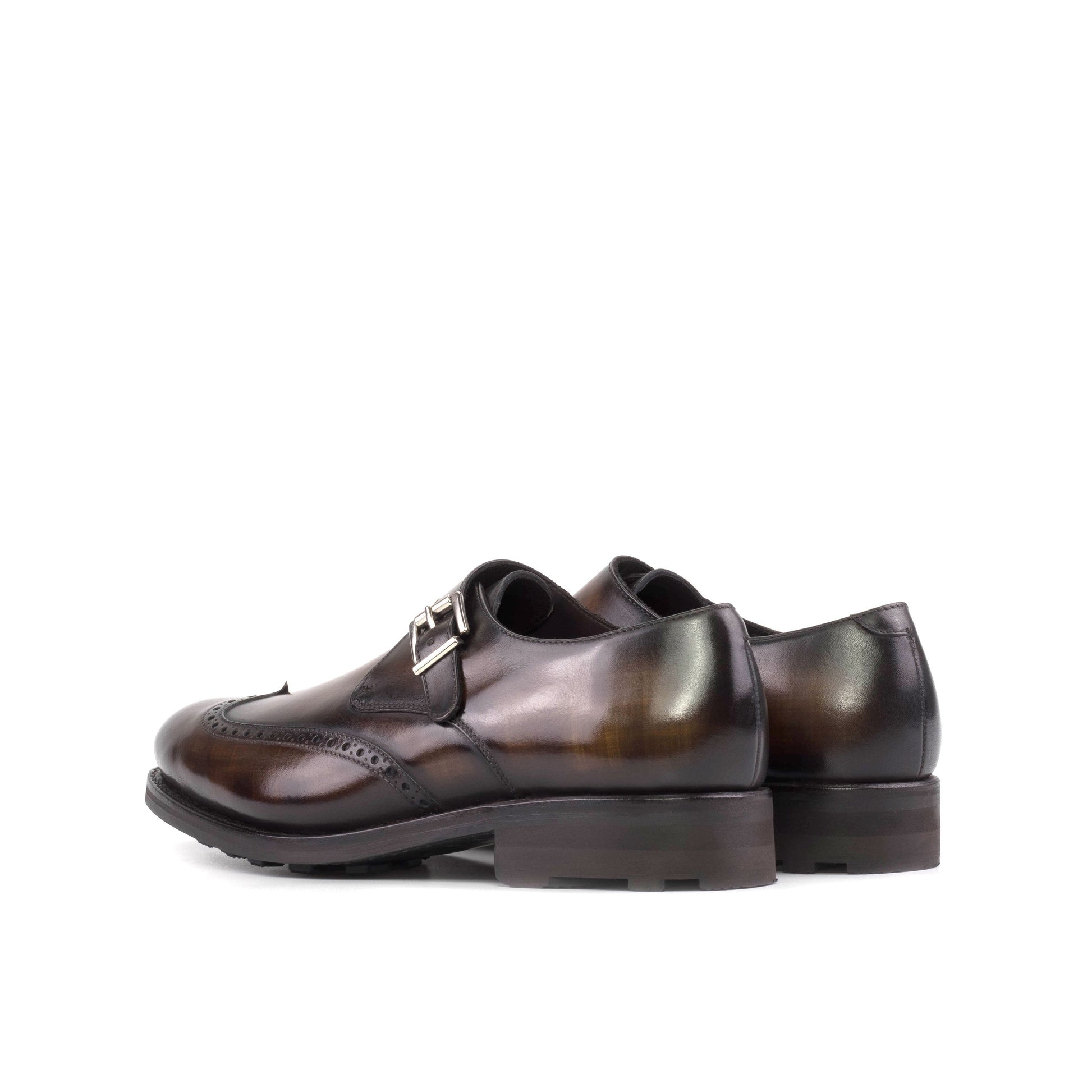 Single Monk Strap in Black Herringbone Fabric and Brown Patina Box Calf, rear three-quarter view