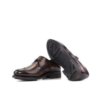 Single Monk Strap in Black Herringbone Fabric and Brown Patina Box Calf showing black rocky rubber sole