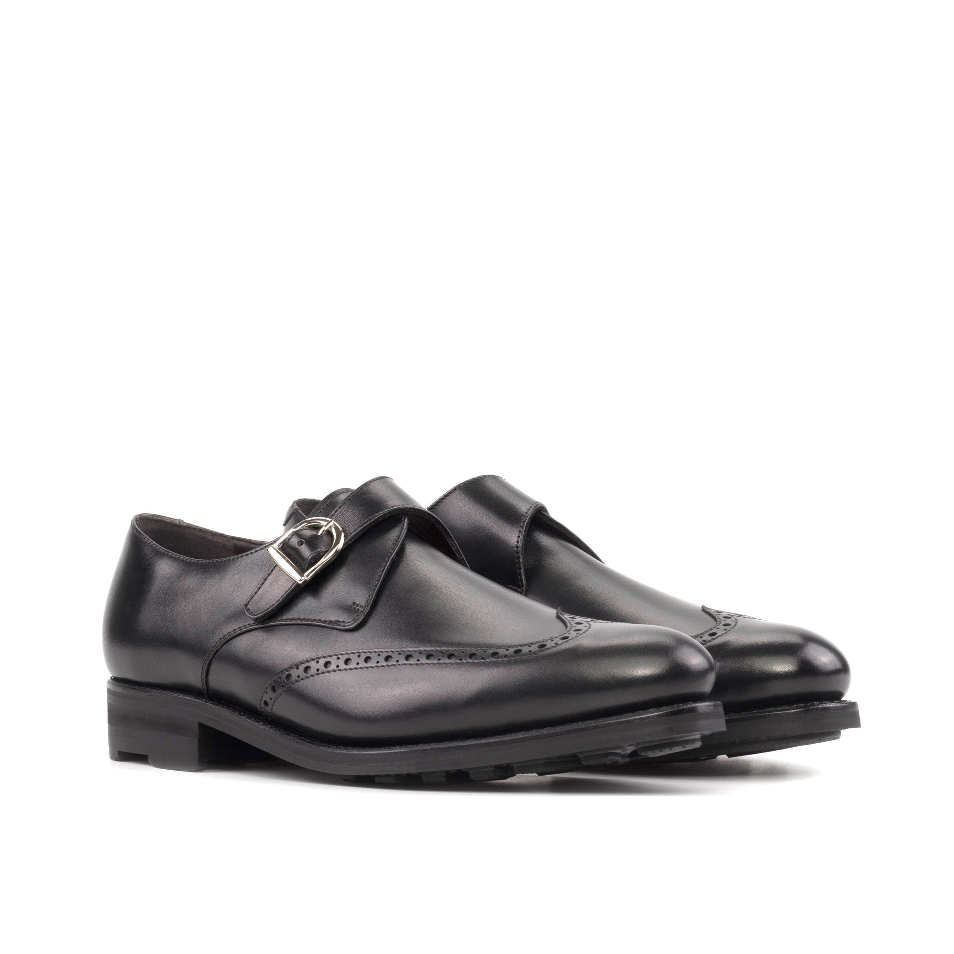 Single Monk Strap in Black Herringbone Fabric and Black Box Calf, front three-quarter view