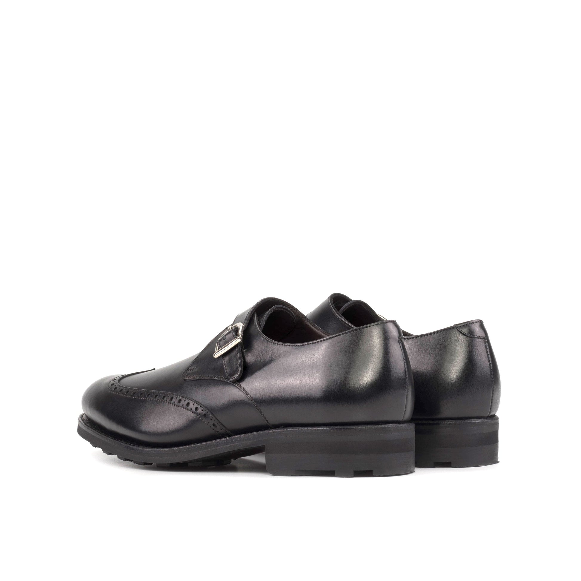 Single Monk Strap in Black Herringbone Fabric and Black Box Calf, rear three-quarter view