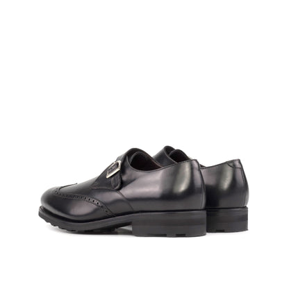 Single Monk Strap in Black Herringbone Fabric and Black Box Calf, rear three-quarter view