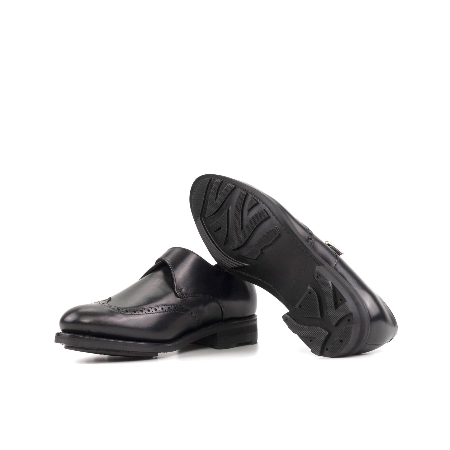 Single Monk Strap in Black Herringbone Fabric and Black Box Calf showing black rocky rubber sole