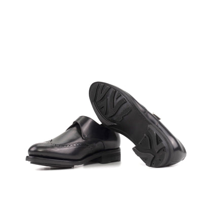 Single Monk Strap in Black Herringbone Fabric and Black Box Calf showing black rocky rubber sole