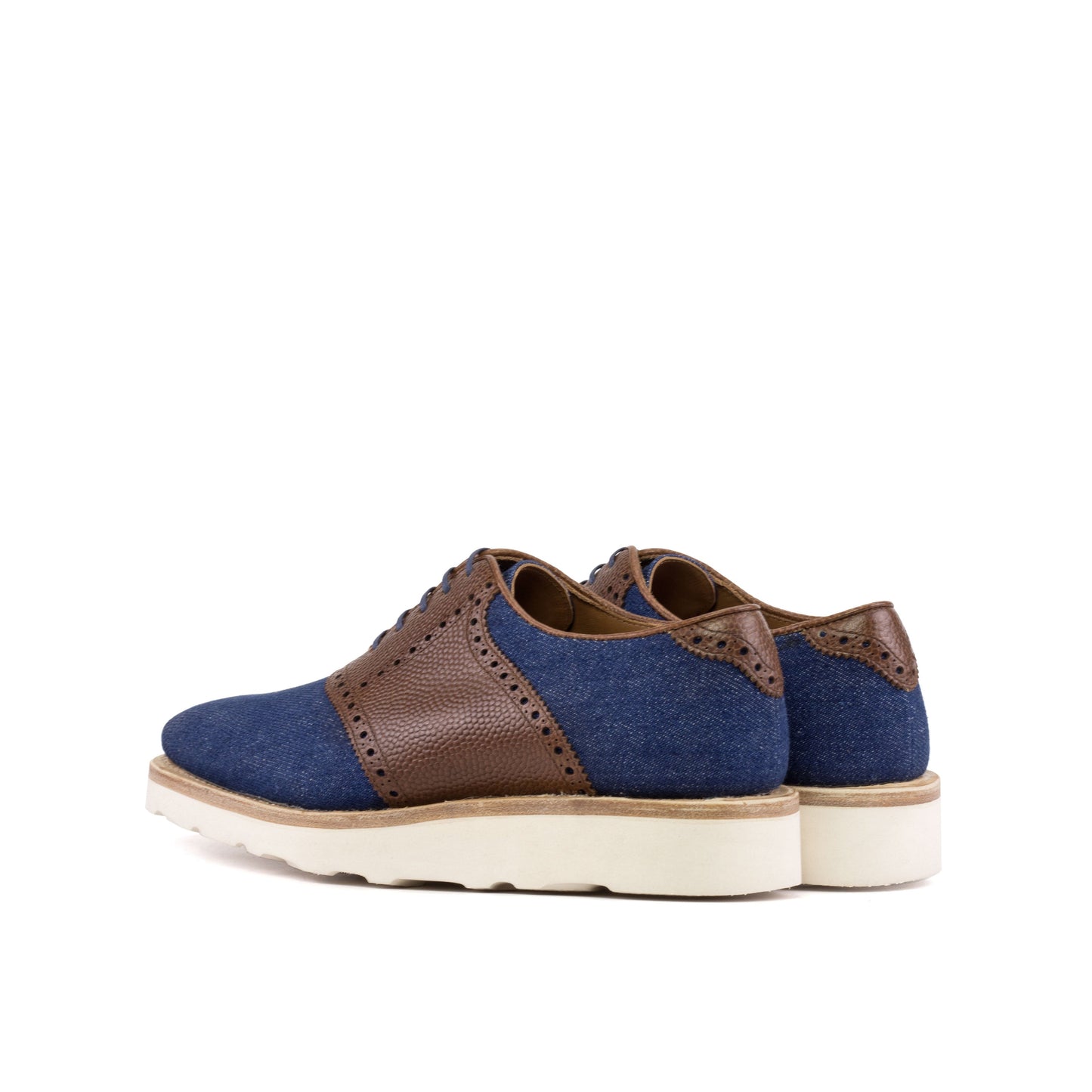 Saddle Shoe in Navy Denim and Medium Brown Painted Pebble-Grain Box Calf, rear three-quarter view