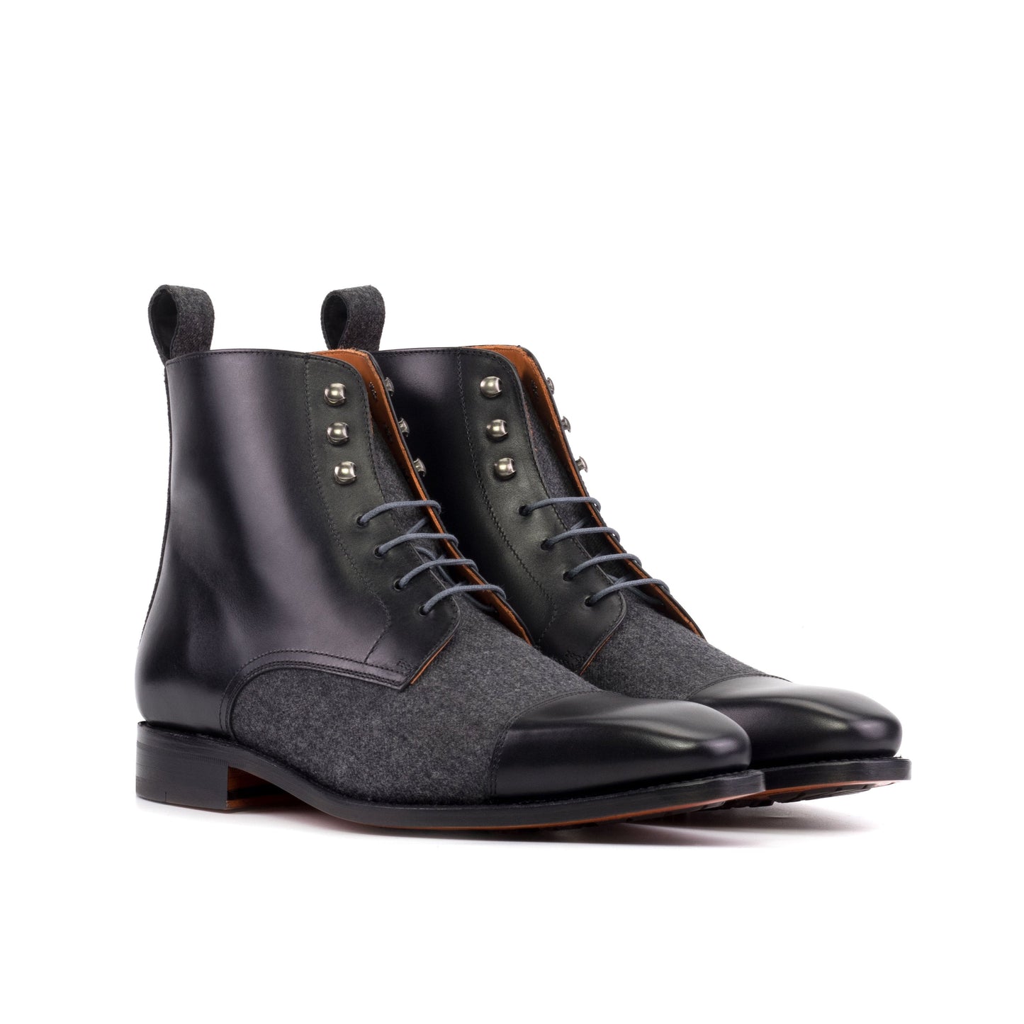 Jumper Boot in Black Painted Box Calf and Dark Grey Flannel, front three-quarter view