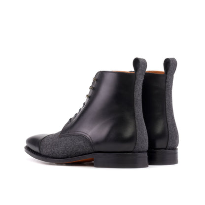 Jumper Boot in Black Painted Box Calf and Dark Grey Flannel, rear three-quarter view