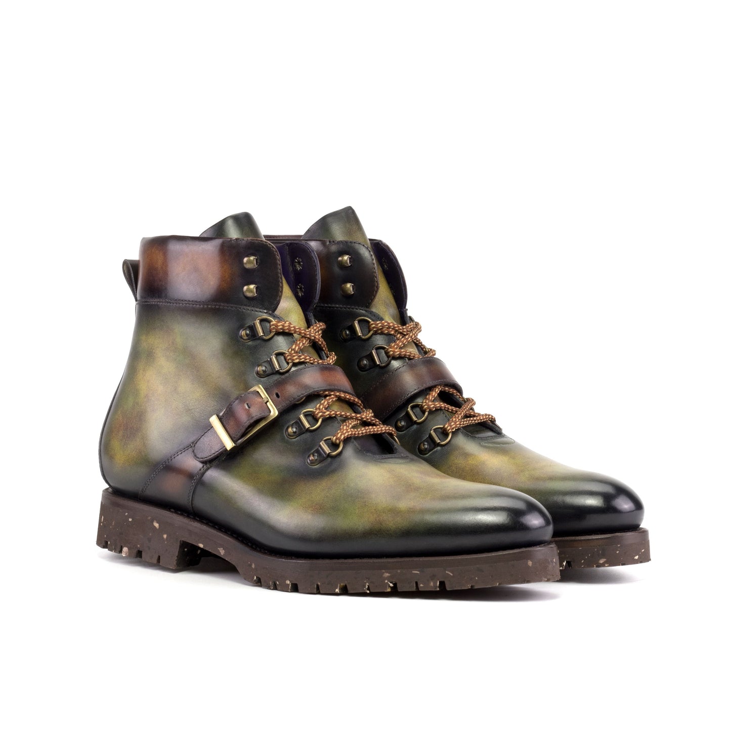 Hiking Boot in Green Museum Patina Box Calf and Fire Museum Patina Box Calf, front three-quarter view