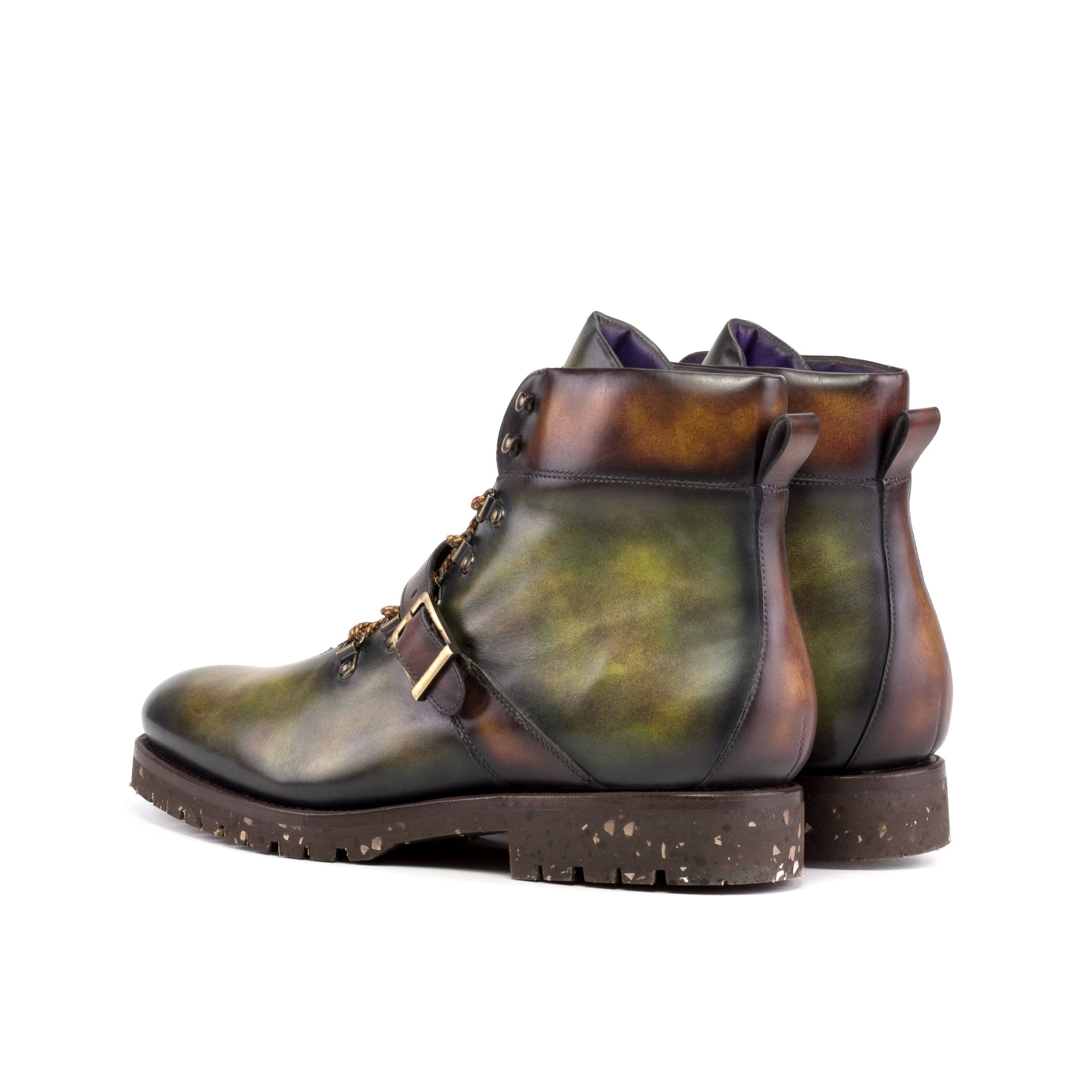 Hiking Boot in Green Museum Patina Box Calf and Fire Museum Patina Box Calf, rear three-quarter view