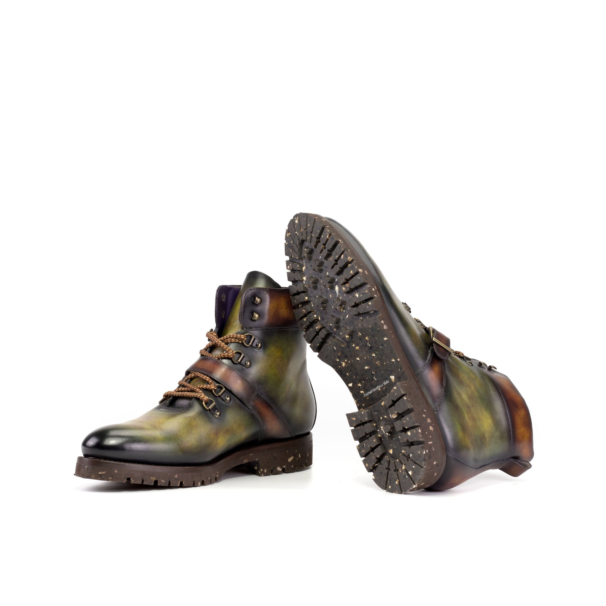 Hiking Boot in Green Museum Patina Box Calf and Fire Museum Patina Box Calf showing recycled commando rubber sole