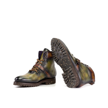 Hiking Boot in Green Museum Patina Box Calf and Fire Museum Patina Box Calf showing recycled commando rubber sole