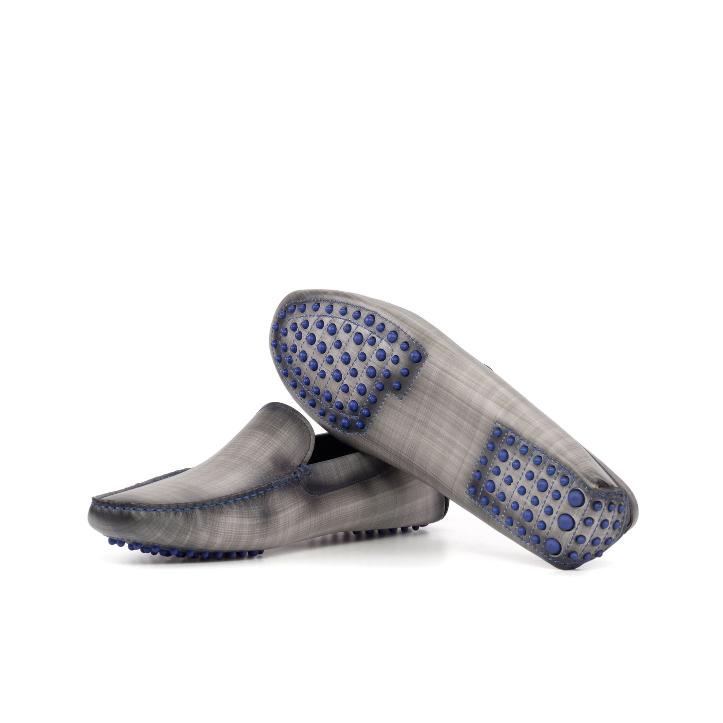 Driver in Grey Patina Box Calf, blue rubber pebble sole