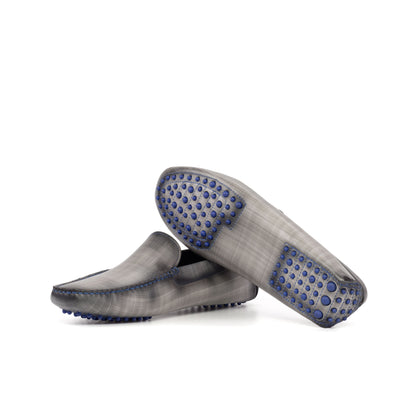 Driver in Grey Patina Box Calf, blue rubber pebble sole
