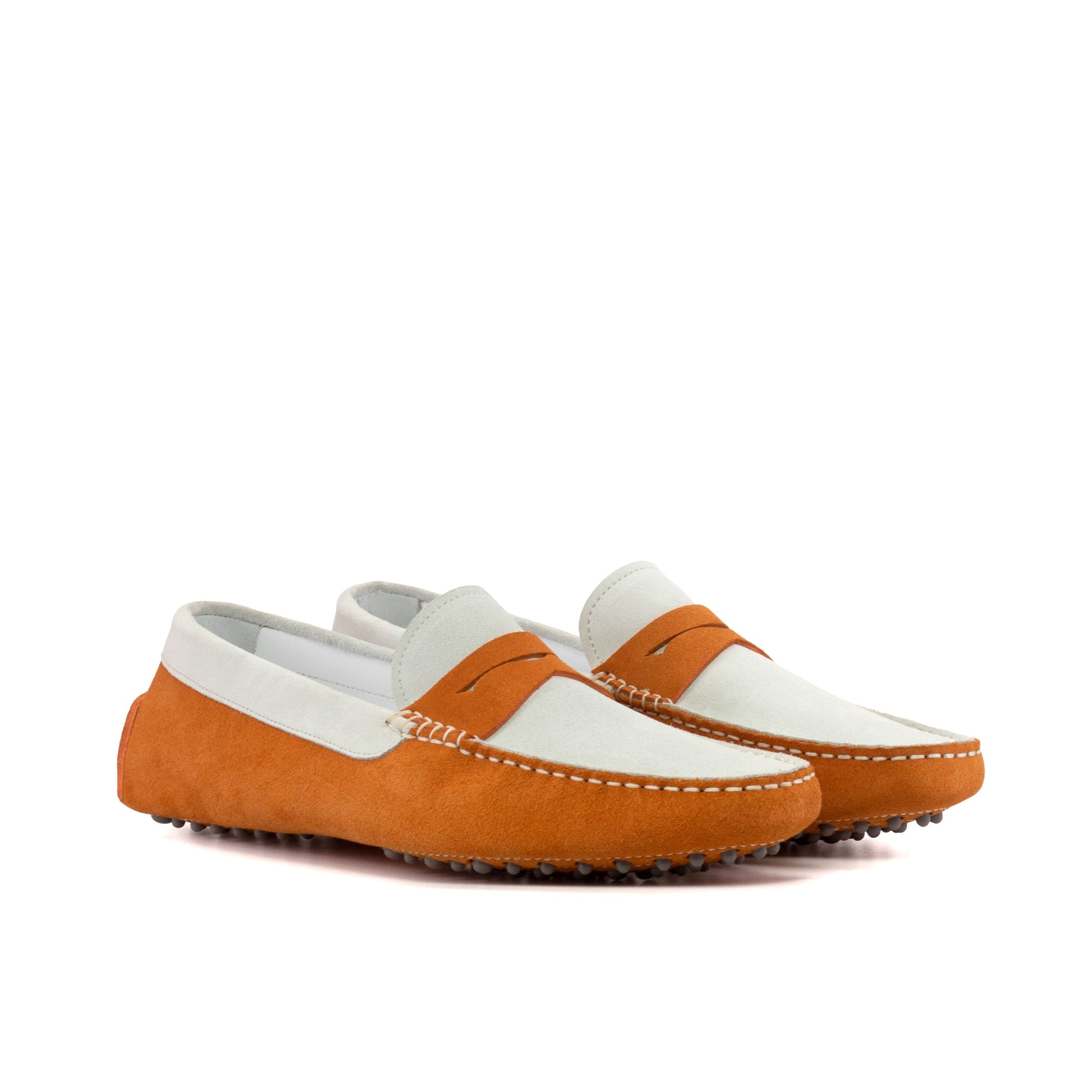 Driver Mask in White Calf Suede and Orange Calf Suede, front three-quarter view