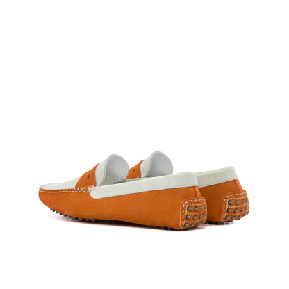 Driver Mask in White Calf Suede and Orange Calf Suede, rear three-quarter view