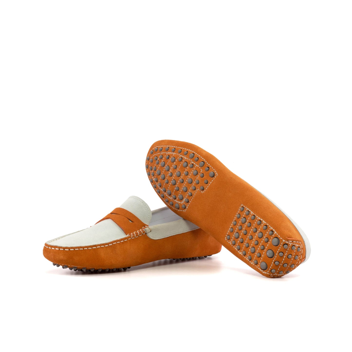 Driver Mask in White Calf Suede and Orange Calf Suede, grey rubber pebble sole