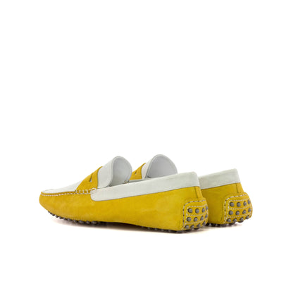 Driver Mask in White Calf Suede and Yellow Calf Suede, rear three-quarter view
